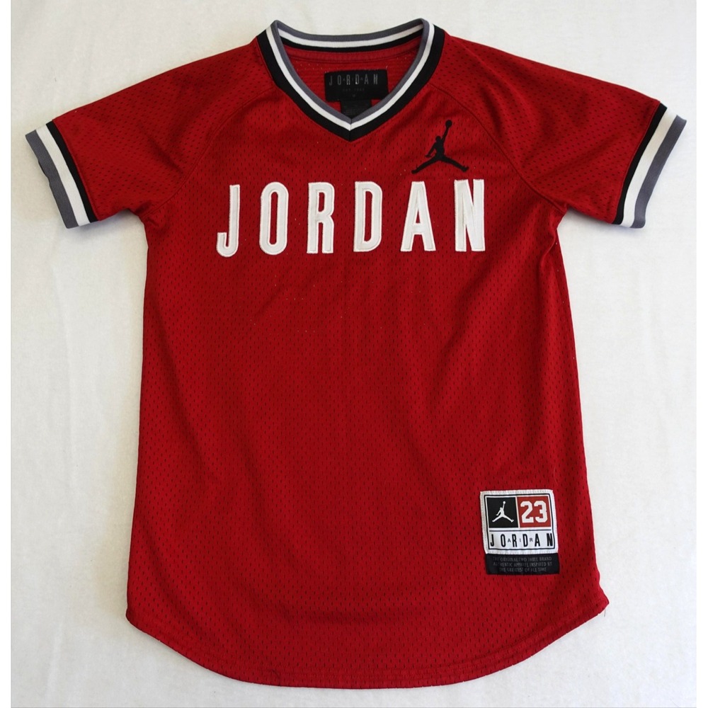 Jordan Jersey Shirt Kids M Red Mesh Short Sleeve V Neck 23 Jumpman Basketball